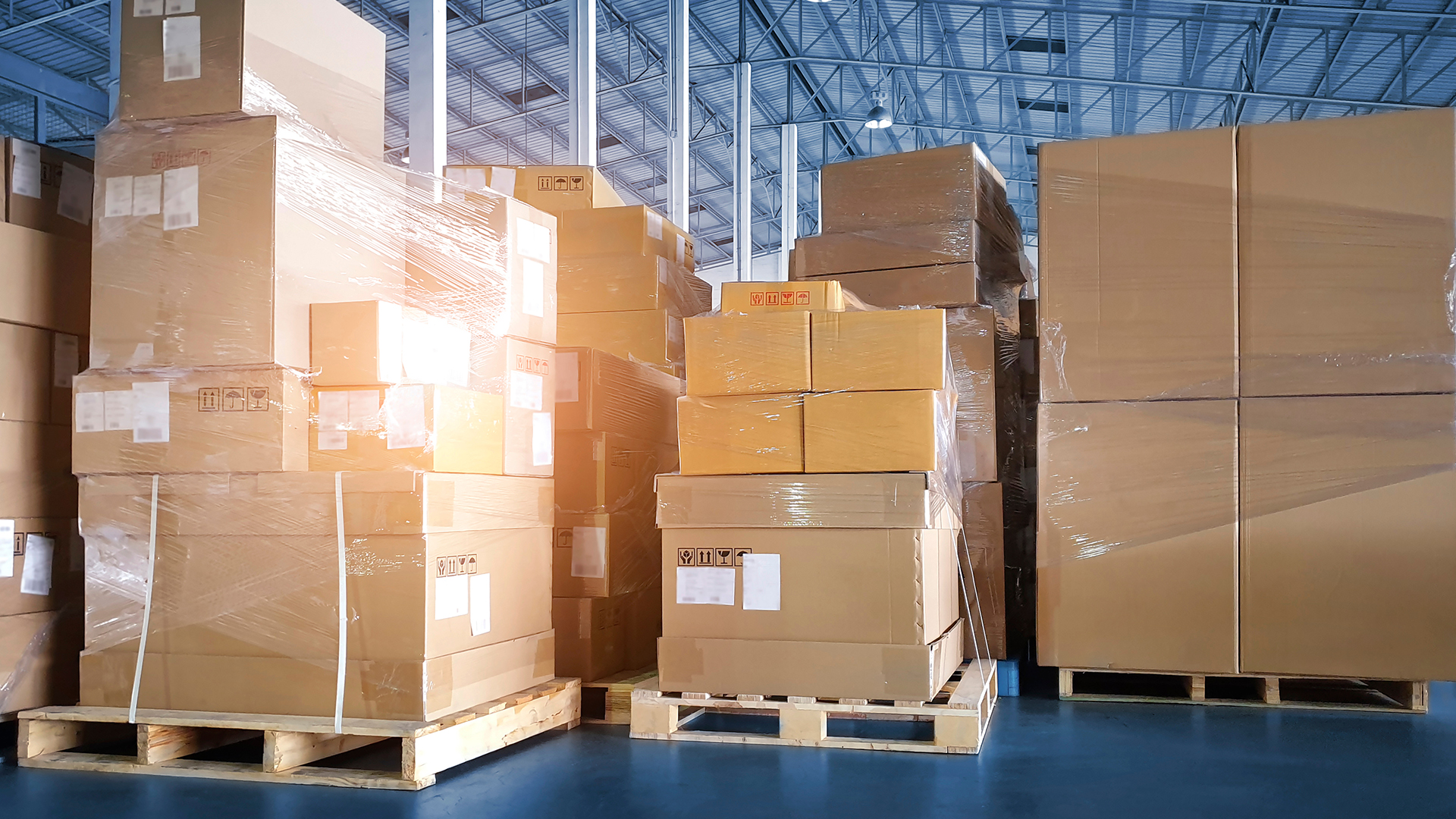 Boxes on pallets in a shipping warehouse
