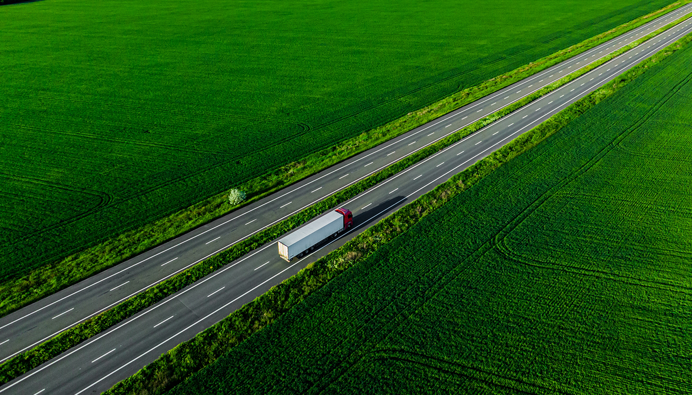 Semi truck on a highway from 1,000 feet above