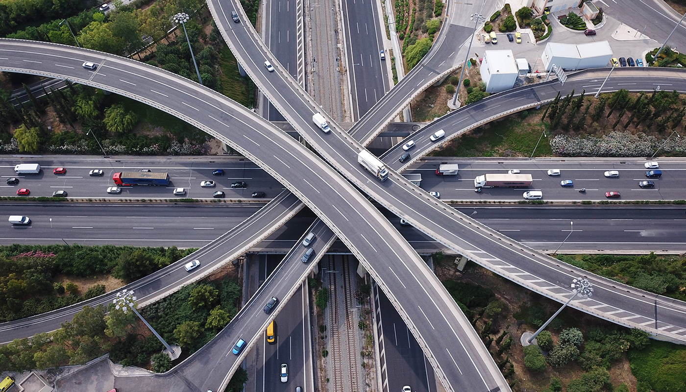 A crisscross of highways, byways and roadways from 1,000 feet above looking down on them