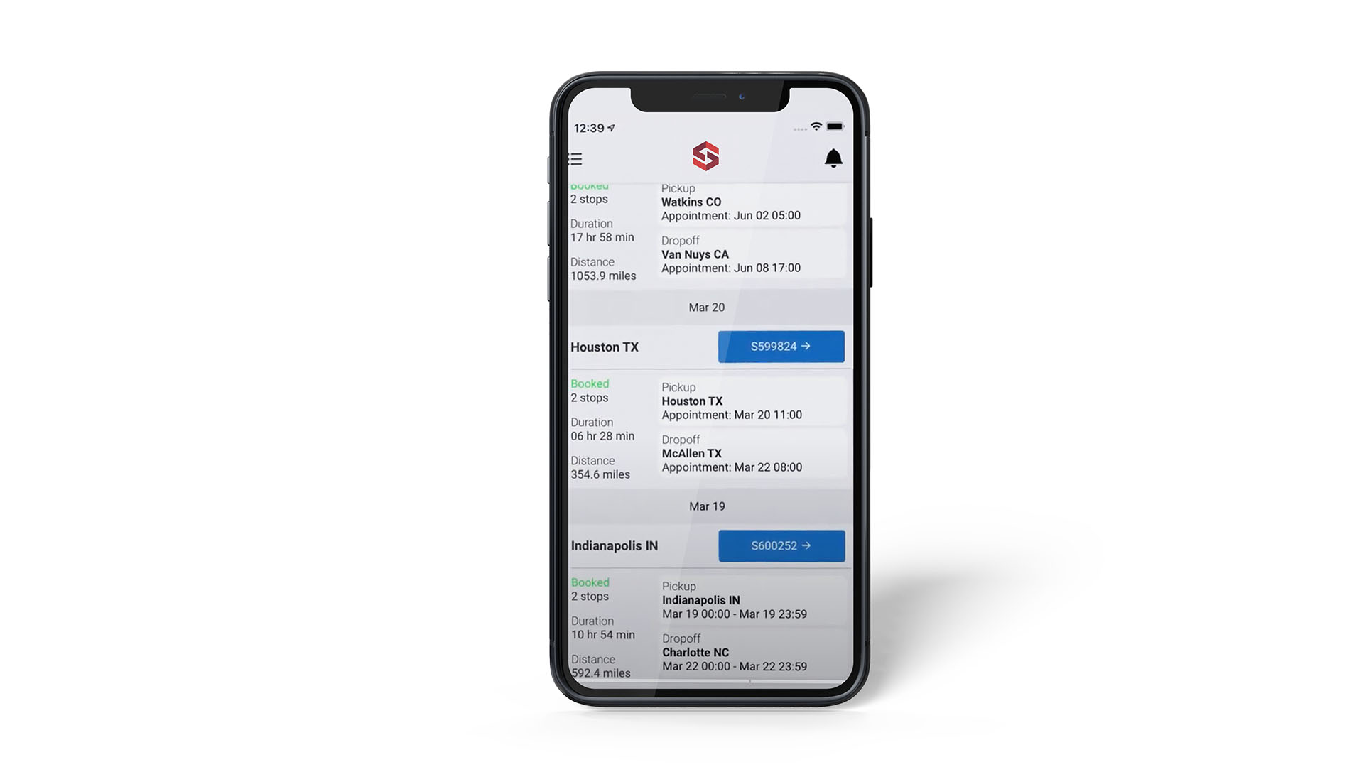 The MySpot mobile TMS app open on a cell phone