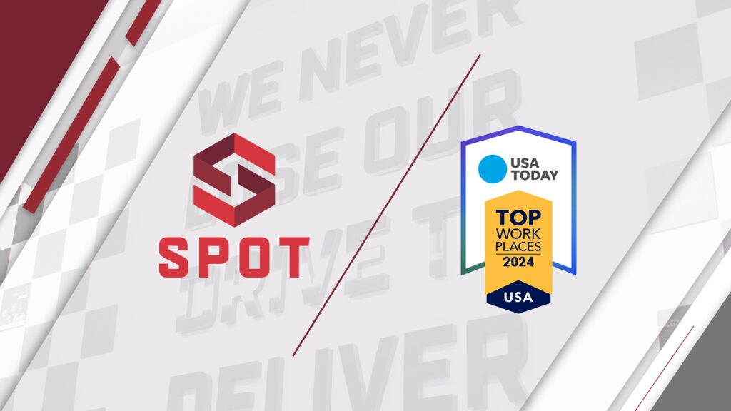 Rectangle graphic with Spot's logo and the 2024 USA Today Top Workplaces logo in the center.